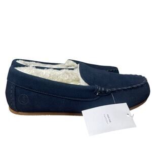 Lands' End Slippers Boys 3 Navy Suede Leather Faux Fur Lined Moccasin Youth Kids